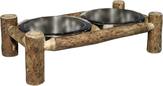 Elevate Your Pet's Dining Experience with the Glacier Country Collection Large Pet Feeder & Bowls - Rustic Elegance in Stained and Lacquered Finish