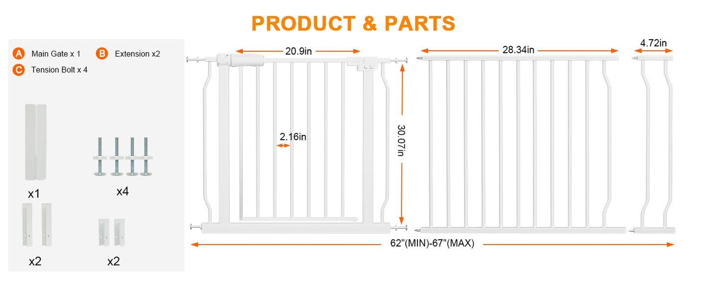 Extra Wide Baby Gate Extra Tall Dog Gate for Stairs Doorways White Metal Tension Child Pet Safety Gates with Pressure Mount 62-67 Inch (White)