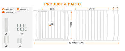 Extra Wide Baby Gate Extra Tall Dog Gate for Stairs Doorways White Metal Tension Child Pet Safety Gates with Pressure Mount 62-67 Inch (White)