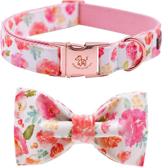 Charming Floral Dog Collar with Bowtie - Adjustable Cotton Collar for Small to Large Dogs & Cats